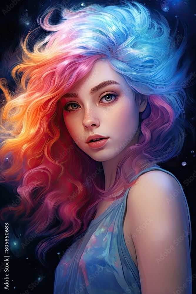 colorful fantasy portrait of a woman with vibrant hair