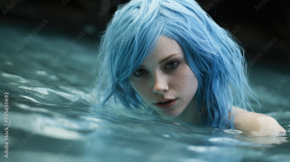 Mysterious woman with blue hair in water