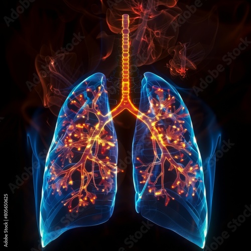A human lungs, translucent blue body with red and orange neon lighting on the chest and waist area in the style of an X-ray. Black background. 
