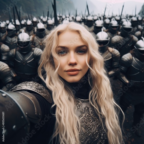 Powerful female warrior with blonde hair and armor