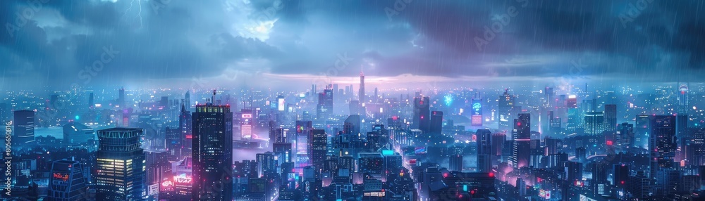 Fototapeta premium Futuristic cyberpunk cityscape bathed in neon lights under rainy skies