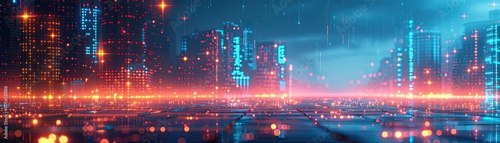 Glowing digital wireframe cityscape with vibrant tech background