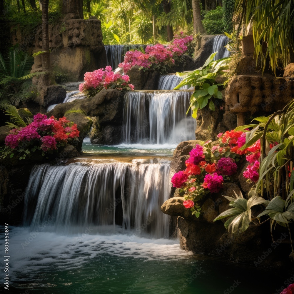 Lush tropical waterfall with vibrant pink flowers Lush tropical waterfall with vibrant pink flowers