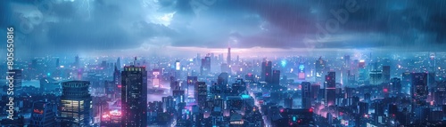 Futuristic cyberpunk cityscape bathed in neon lights under rainy skies