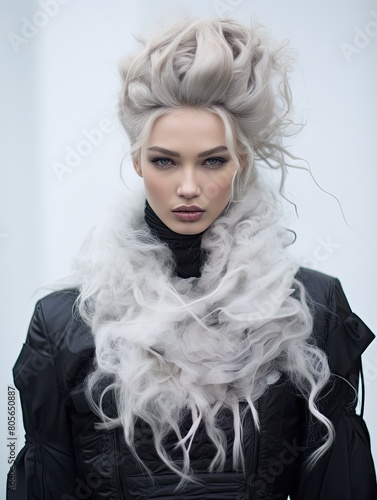 Dramatic portrait of a woman with striking silver hair