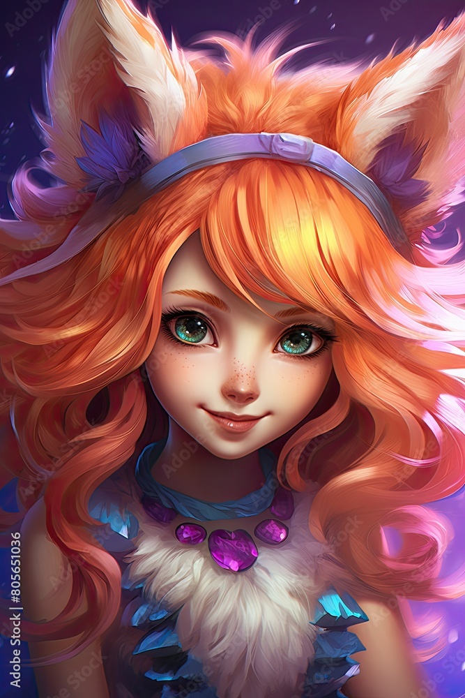 Vibrant fantasy character with colorful hair and ornaments