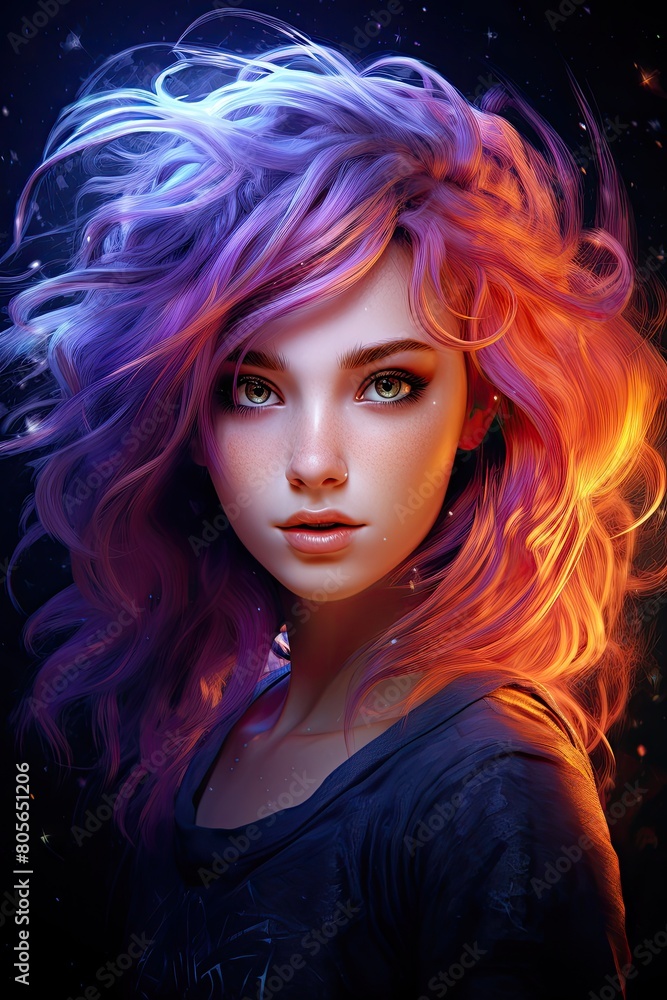 Vibrant fantasy portrait of a woman with colorful, flowing hair