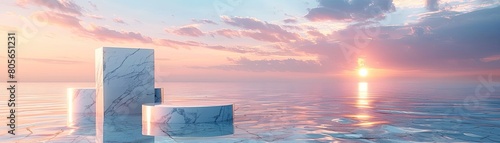 Minimalist marble podium standing over a calm sea at sunset