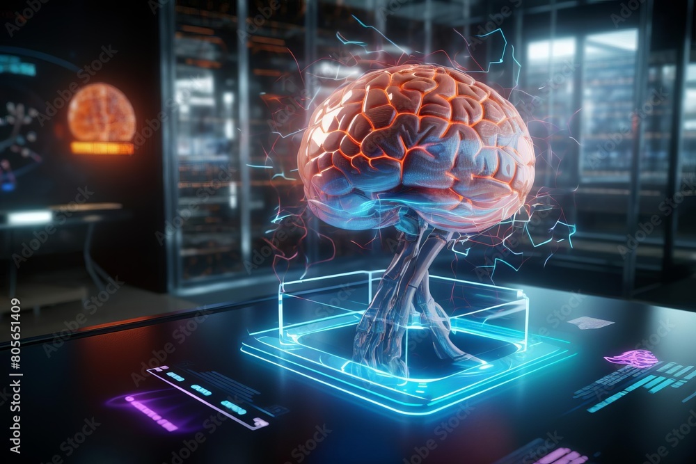 A brain is shown in a glass box with a blue and green background A brain is shown in a glass box with a blue and green background