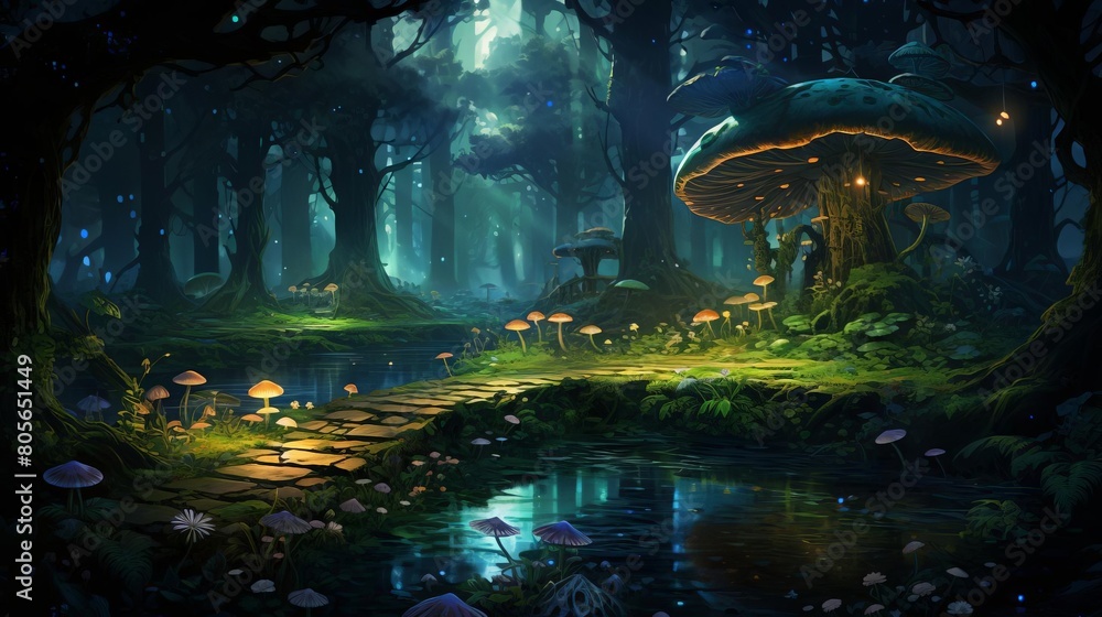 A forest with a bridge and a large mushroom