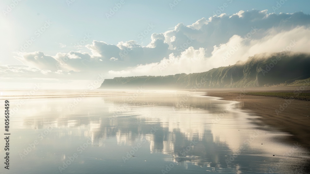 A misty beach at dawn with trees silhouetted against the sky. The horizon blends into the fluid water, creating a serene natural landscape AIG50
