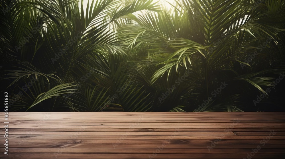 A wooden table with a view of a lush green jungle A wooden table with a view of a lush green jungle