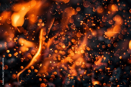 Fire embers particles over black background. Fire sparks background. Abstract dark glitter fire particles lights. bonfire in motion blur - generative ai