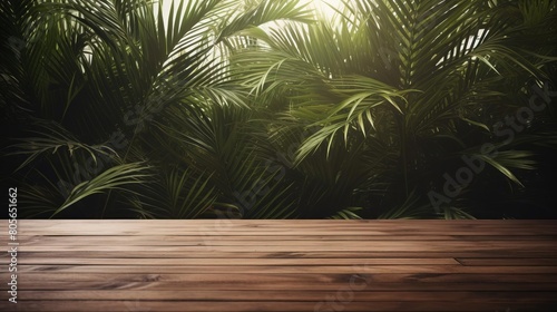 A wooden table with a view of a lush green jungle
