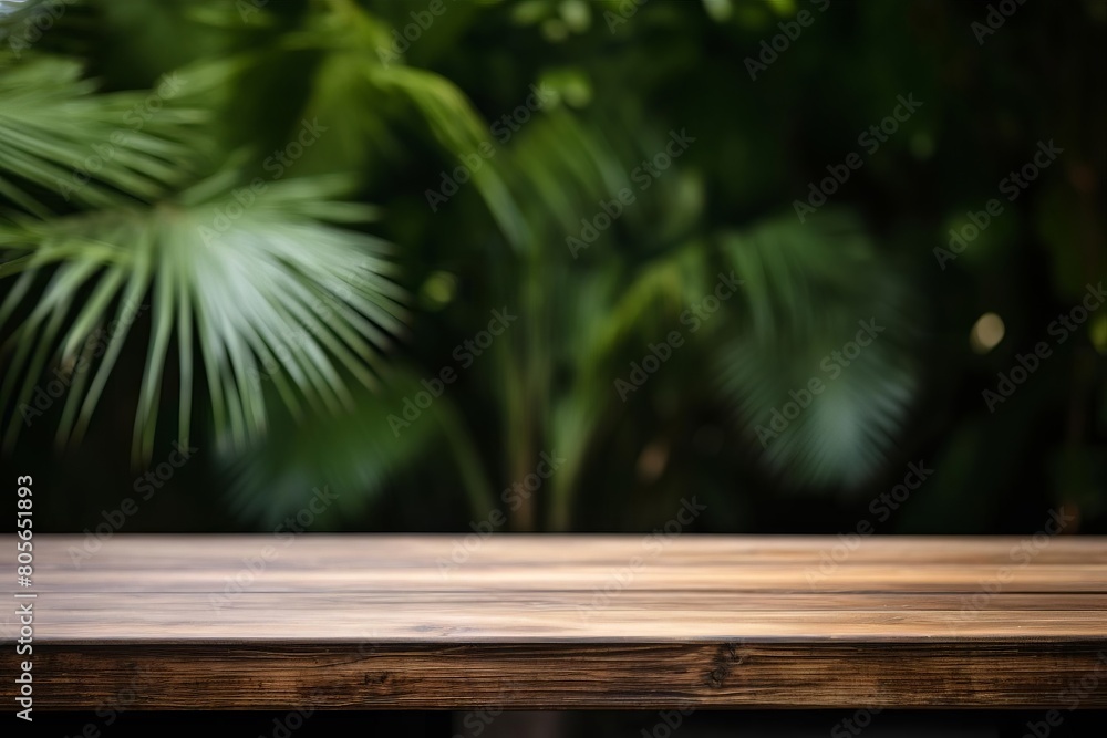 A wooden table with a leafy background A wooden table with a leafy background