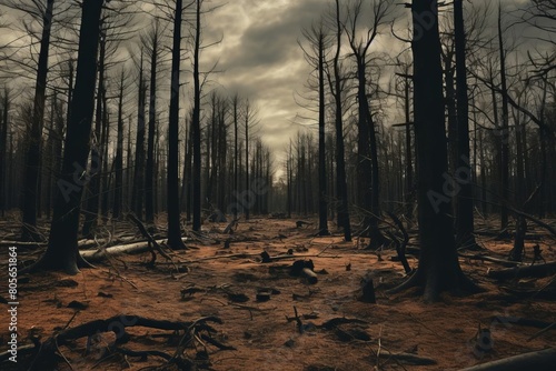 A forest with dead trees and a cloudy sky