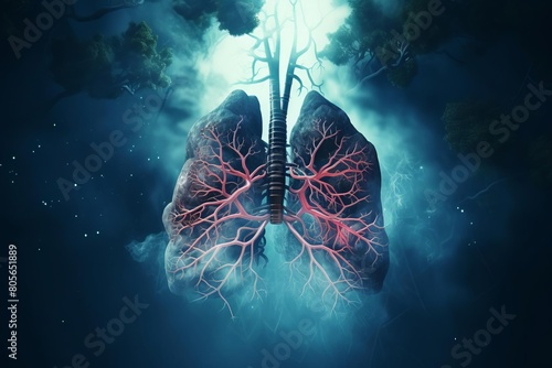 A lung with red veins is shown in a blue sky