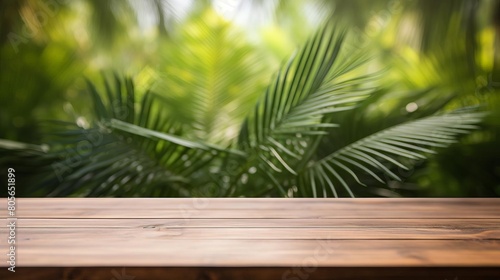 A wooden table with a leafy green background