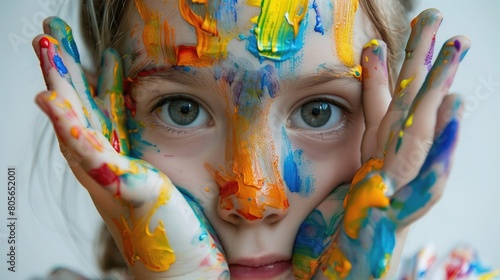 Girl with painted face and hands celebrates World Autism Awareness Day