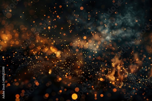 Fire embers particles over black background. Fire sparks background. Abstract dark glitter fire particles lights. bonfire in motion blur - generative ai