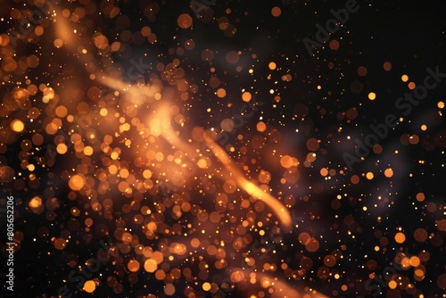 Fire embers particles over black background. Fire sparks background. Abstract dark glitter fire particles lights. bonfire in motion blur - generative ai photo