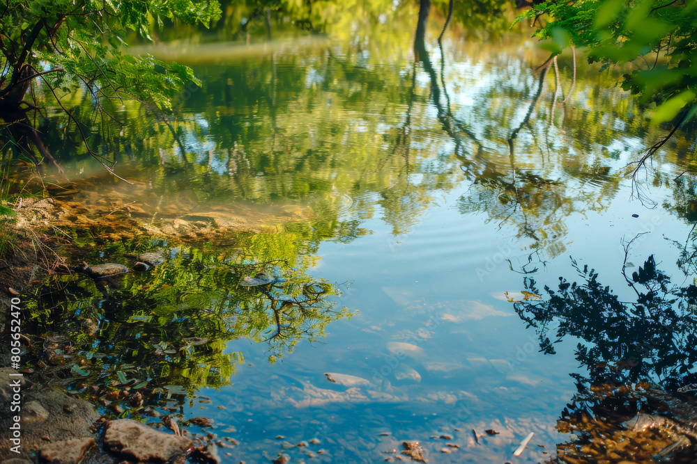 A body of water with trees in the background. The water is calm and clear. The reflection of the trees in the water creates a serene and peaceful atmosphere A body of water with trees in the background. The water is calm and clear. The reflection of the trees in the water creates a serene and peaceful atmosphere