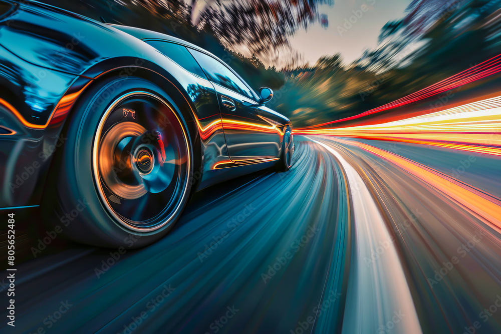 A car is speeding down a road with its headlights on. The car is black and shiny, and it is in motion. The scene is dynamic and exciting, with the car's speed A car is speeding down a road with its headlights on. The car is black and shiny, and it is in motion. The scene is dynamic and exciting, with the car's speed