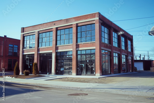 A brick building with a lot of windows and a garage door. The building is empty and has a lot of glass