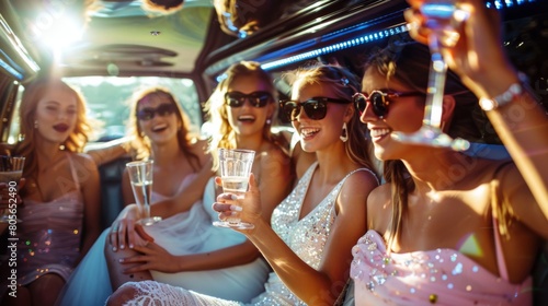 bride and her friends at a bachelorette party in a limousine celebrating