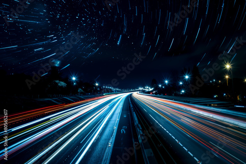 A long  empty highway at night with a bright star in the sky. The stars are scattered across the sky  creating a sense of movement and energy. The highway is illuminated by the lights of the cars