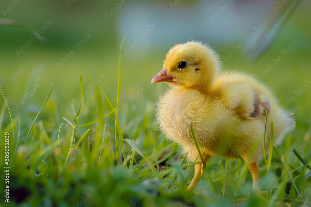 A baby chick is standing in the grass. The chick is small and cute
