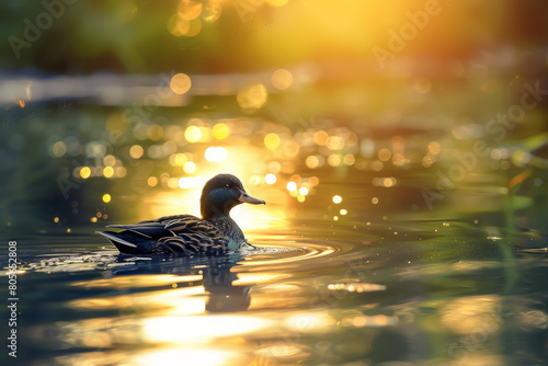A duck is swimming in a pond with the sun reflecting off the water. The scene is peaceful and serene photo