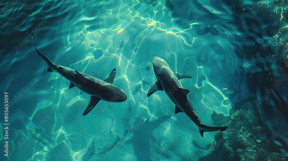 Tranquil Sharks Drifting in Turquoise Tides . Generative Ai