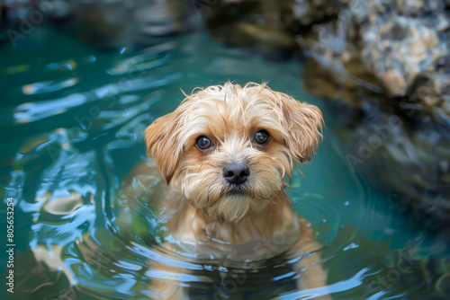 A small dog is swimming in a pool of water. The dog is brown and has a wet coat