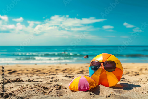 A beach scene with a yellow and orange beach ball and a beach umbrella