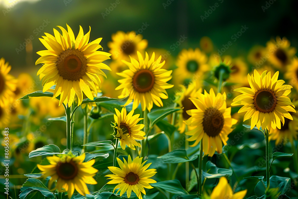 A field of yellow sunflowers with the sun shining on them. The sunflowers are in full bloom and are arranged in a way that they are all facing the same direction. The scene is peaceful and serene A field of yellow sunflowers with the sun shining on them. The sunflowers are in full bloom and are arranged in a way that they are all facing the same direction. The scene is peaceful and serene