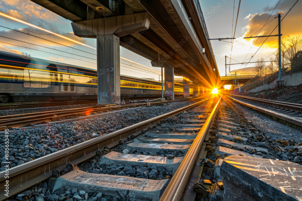 The train tracks are empty and the sun is setting. The sun is shining on the tracks, creating a beautiful and serene atmosphere