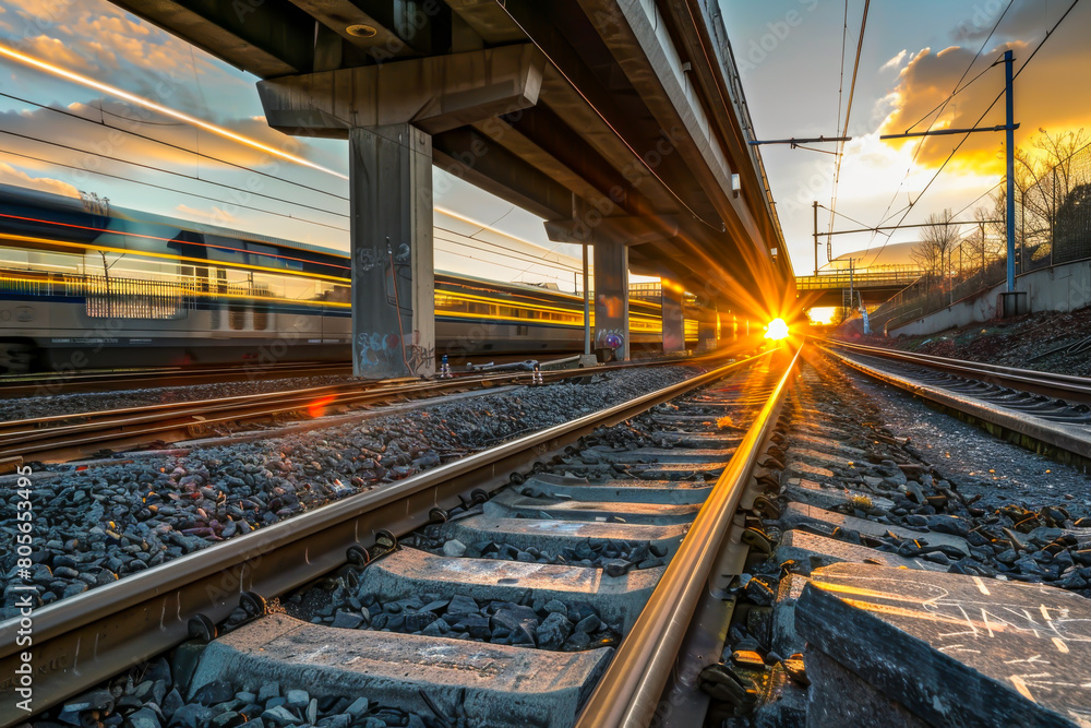 The train tracks are empty and the sun is setting. The sun is shining on the tracks, creating a beautiful and serene atmosphere The train tracks are empty and the sun is setting. The sun is shining on the tracks, creating a beautiful and serene atmosphere