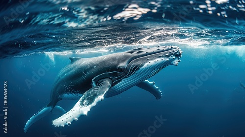 A Baby Humpback Whale Plays Near the Surface in Blue Water. AI Generative