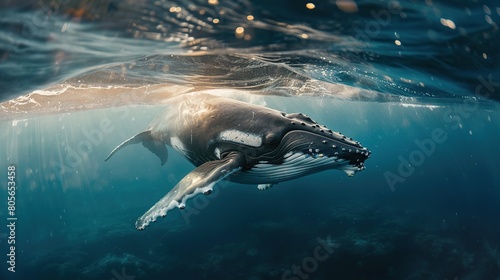 A Baby Humpback Whale Plays Near the Surface in Blue Water. AI Generative