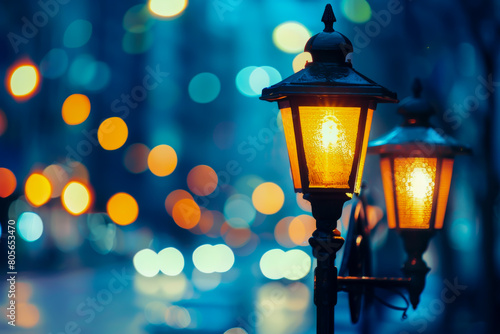 A street lamp with a yellow light is lit up in the night. The light is surrounded by a blurry background, giving the image a dreamy, ethereal quality