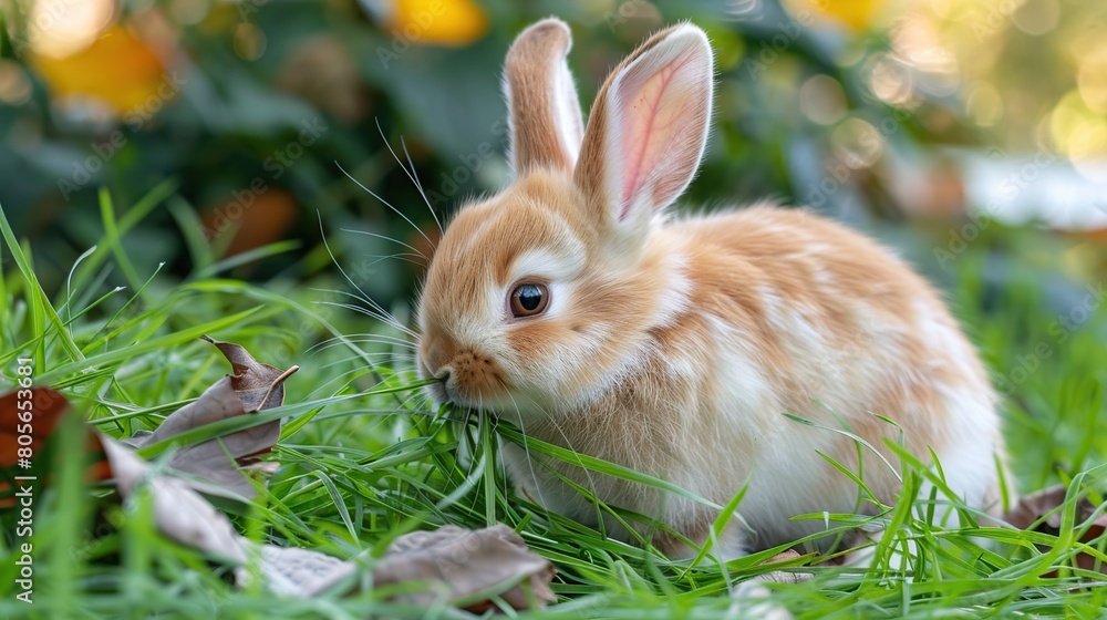 Adorable tiny furry rabbit bunny brown white hungry eating fresh grass. AI Generative Adorable tiny furry rabbit bunny brown white hungry eating fresh grass. AI Generative