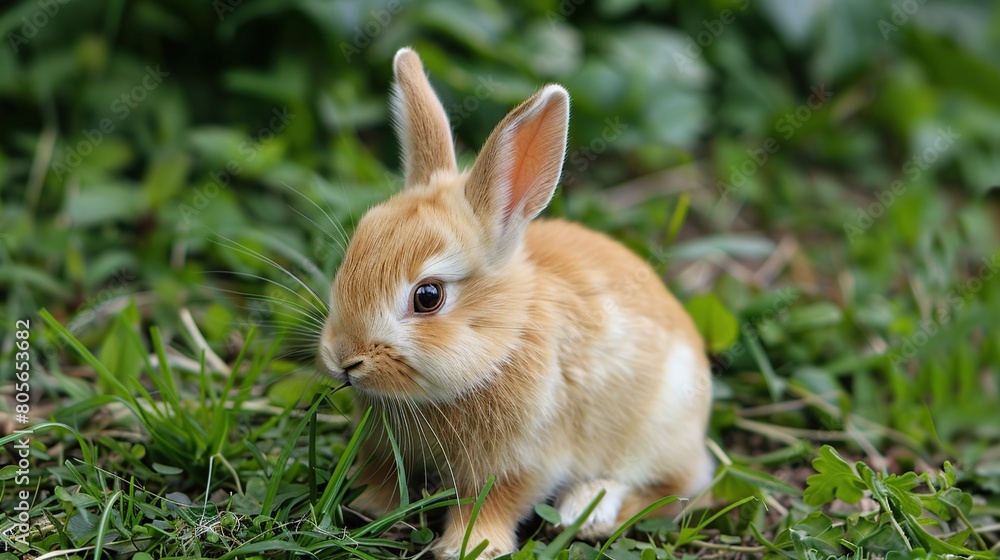 Adorable tiny furry rabbit bunny brown white hungry eating fresh grass. AI Generative Adorable tiny furry rabbit bunny brown white hungry eating fresh grass. AI Generative