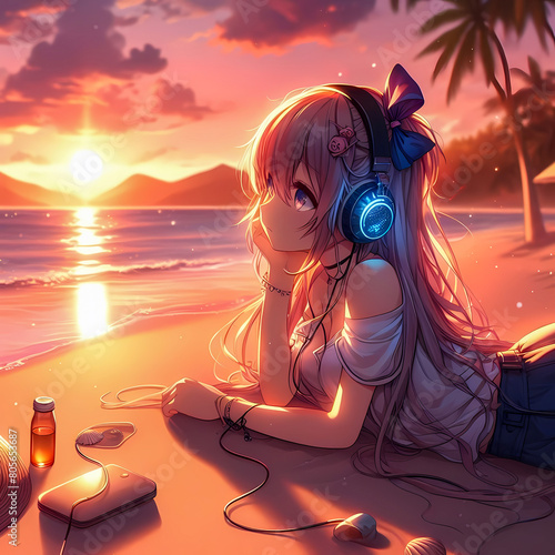 digital art anime style girl lie on the beach wearing headphones vibin to music a beautiful sunset as background