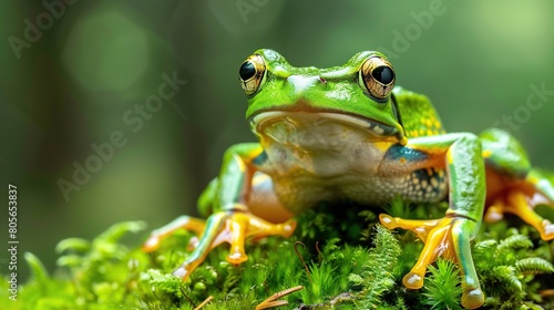 animal closeup, Gliding frog (Rhacophorus reinwardtii) sitting on moss. AI Generative photo