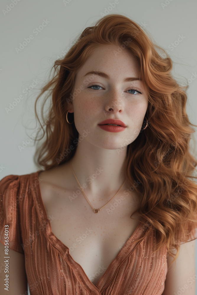 Portrait of a beautiful red-haired model presenting jewelry. Portrait of a beautiful red-haired model presenting jewelry.
