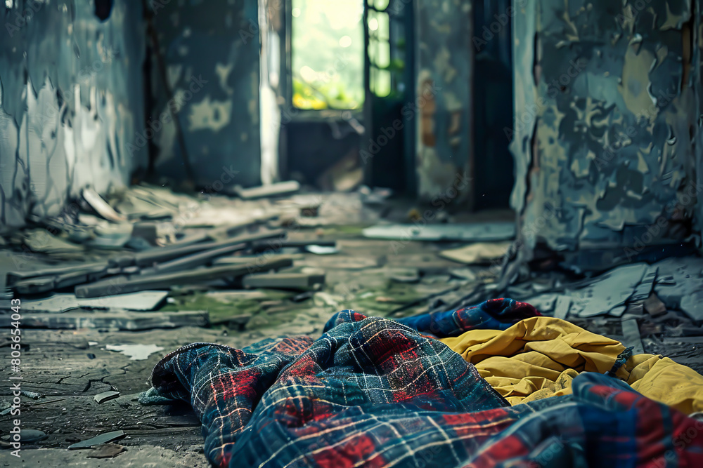A room with a bed and a blanket on it. The room is dirty and has a lot of debris A room with a bed and a blanket on it. The room is dirty and has a lot of debris