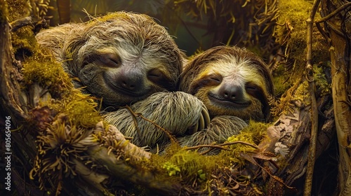 Sweet Sleeping Sloths Snuggling in Soft Mossy Nests. Generative Ai