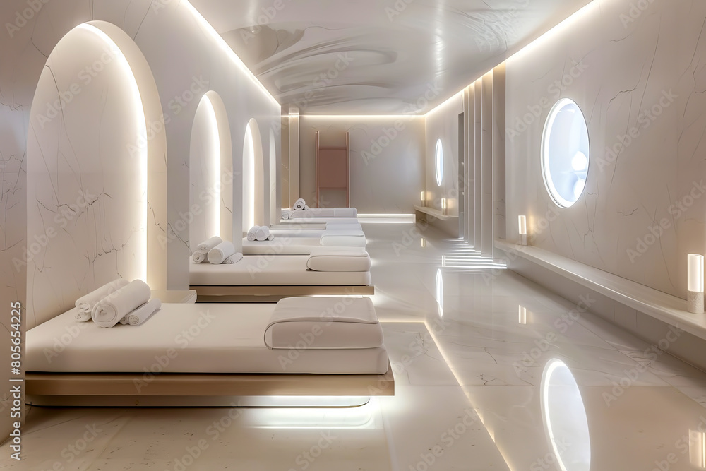 A long hallway with white walls and white beds. The beds are lined up in a row and are all facing the same direction. The hallway is lit up with lights, giving it a bright and welcoming atmosphere A long hallway with white walls and white beds. The beds are lined up in a row and are all facing the same direction. The hallway is lit up with lights, giving it a bright and welcoming atmosphere