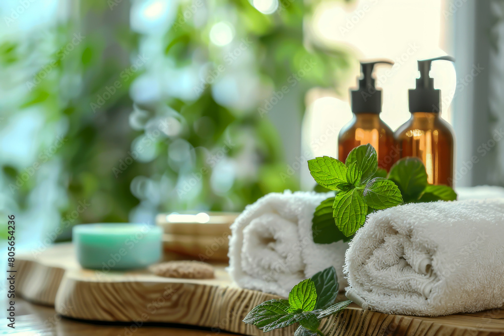A wooden tray with two white towels and a green plant on it. The towels are folded and the plant is next to them A wooden tray with two white towels and a green plant on it. The towels are folded and the plant is next to them
